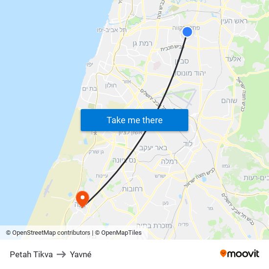 Petah Tikva to Yavné map