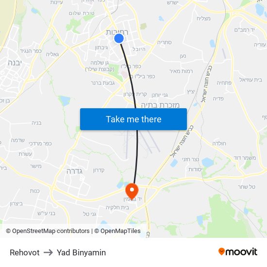 Rehovot to Yad Binyamin map