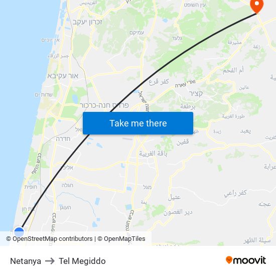 Netanya to Tel Megiddo map