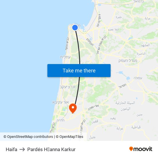 Haifa to Pardés H̱anna Karkur map