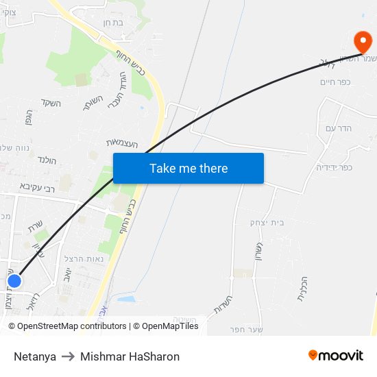 Netanya to Mishmar HaSharon map