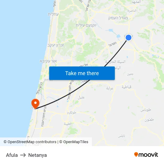 Afula to Netanya map