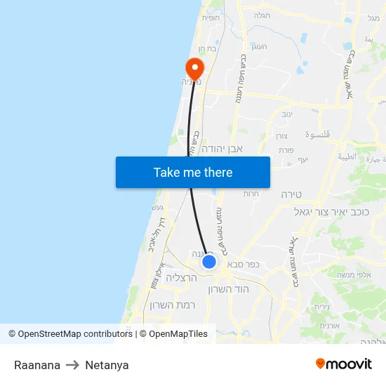 Raanana to Netanya map