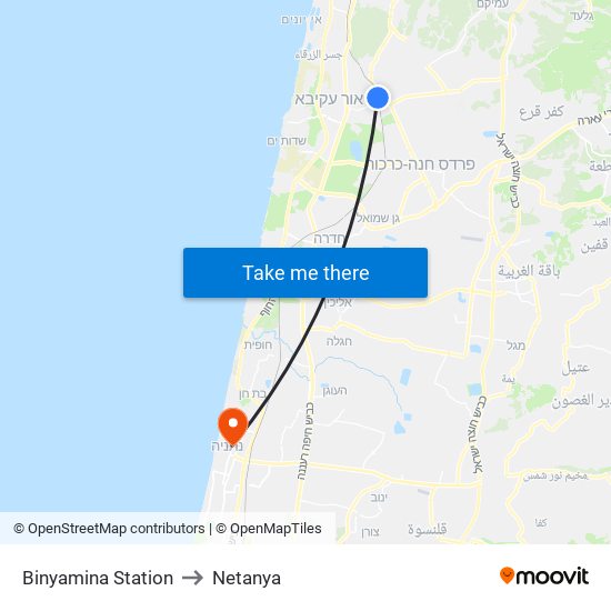 Binyamina Station to Netanya map