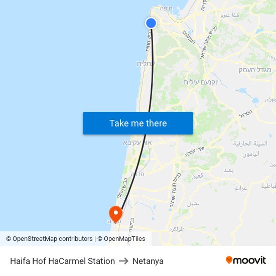 Haifa Hof HaCarmel Station to Netanya map