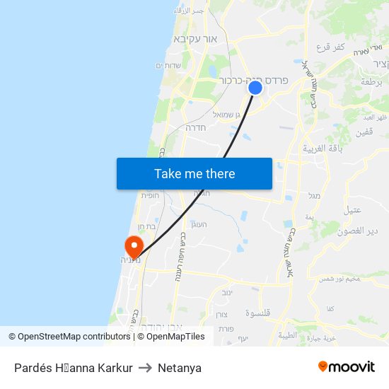 Pardés H̱anna Karkur to Netanya map