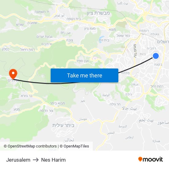 Jerusalem to Nes Harim map