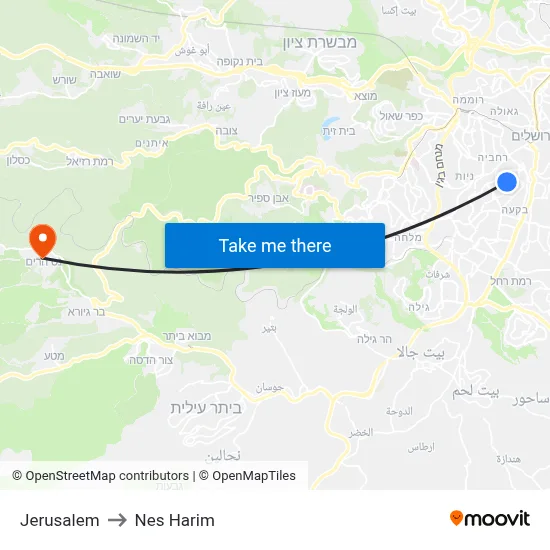 Jerusalem to Nes Harim map