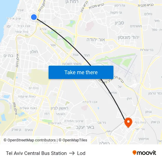 Tel Aviv Central Bus Station to Lod map
