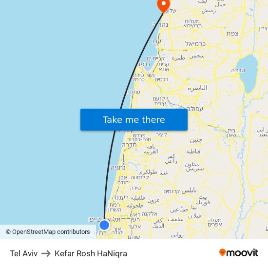 Tel Aviv to Kefar Rosh HaNiqra map