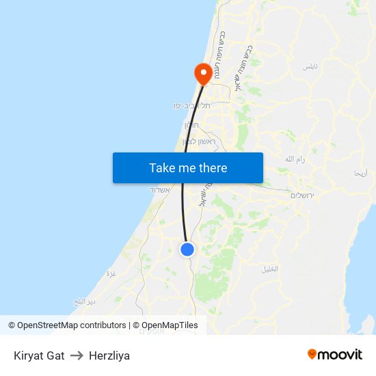 Kiryat Gat to Herzliya map