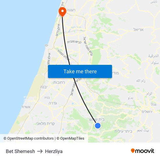 Bet Shemesh to Herzliya map