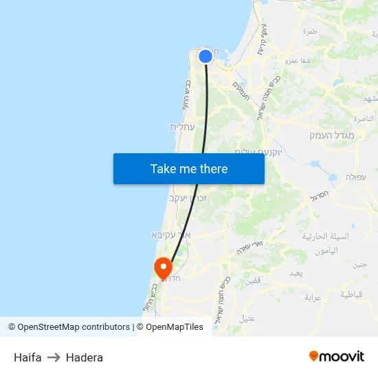 Haifa to Hadera map
