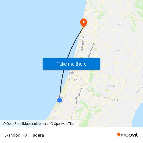 Ashdod to Hadera map