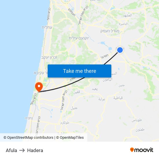 Afula to Hadera map