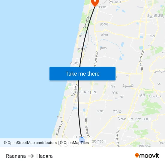Raanana to Hadera map