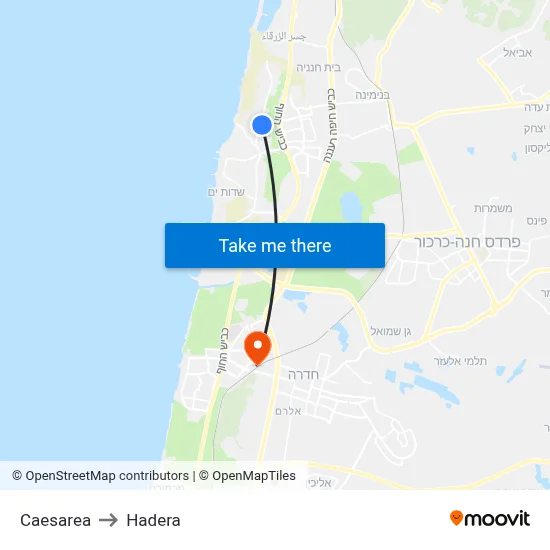 Caesarea to Hadera map