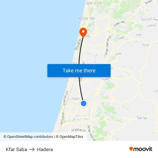 Kfar Saba to Hadera map
