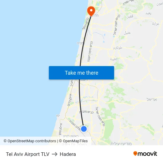 Tel Aviv Airport TLV to Hadera map