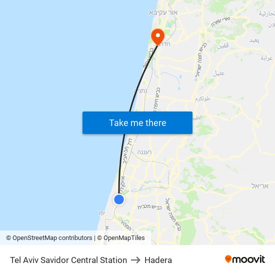 Tel Aviv Savidor Central Station to Hadera map