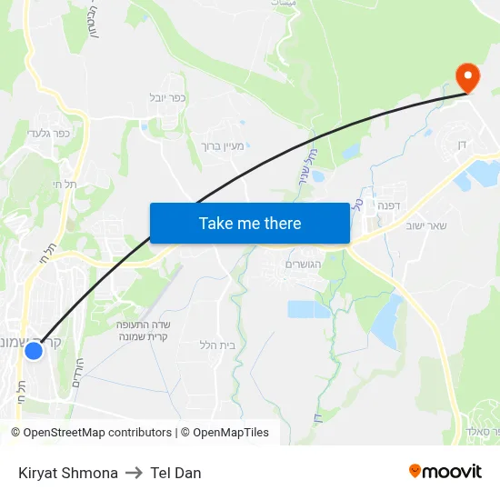 Kiryat Shmona to Tel Dan map