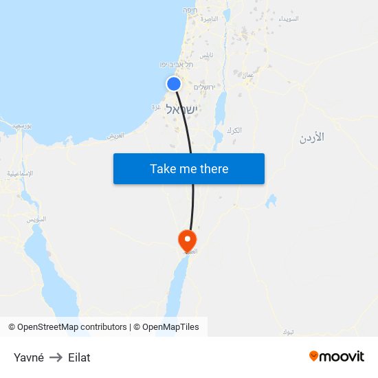 Yavné to Eilat map