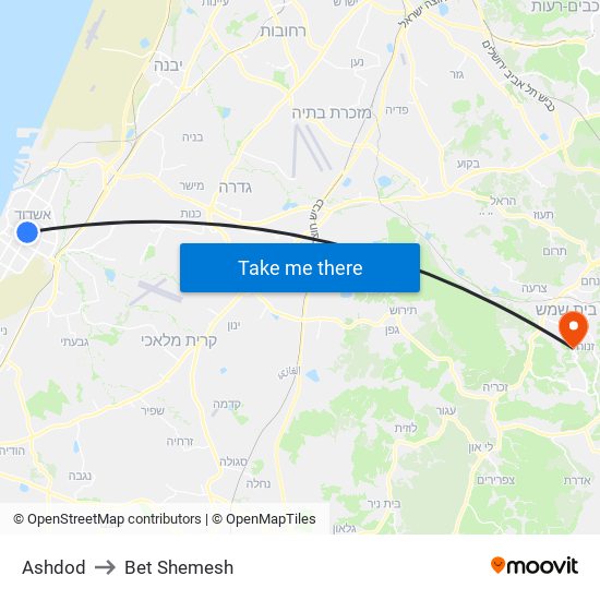 Ashdod to Bet Shemesh map