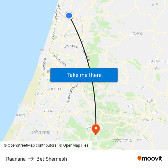 Raanana to Bet Shemesh map