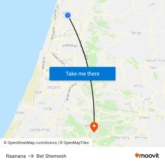 Raanana to Bet Shemesh map