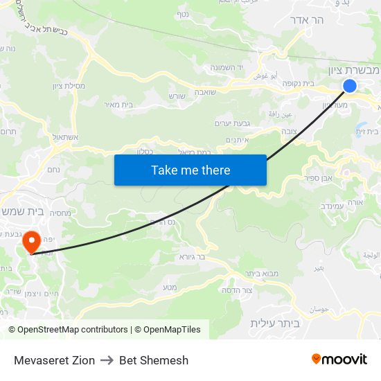 Mevaseret Zion to Bet Shemesh map