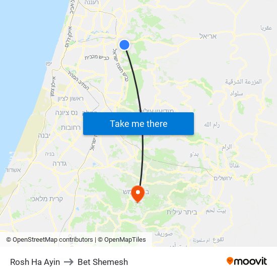 Rosh Ha Ayin to Bet Shemesh map