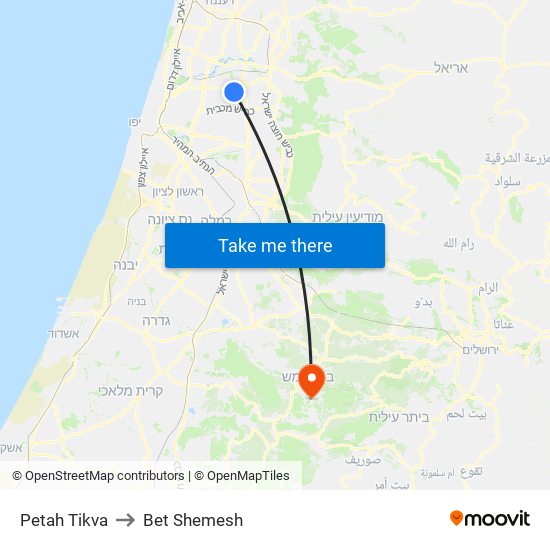 Petah Tikva to Bet Shemesh map