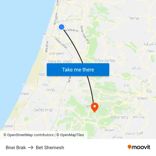 Bnei Brak to Bet Shemesh map