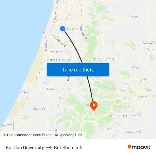 Bar Ilan University to Bet Shemesh map