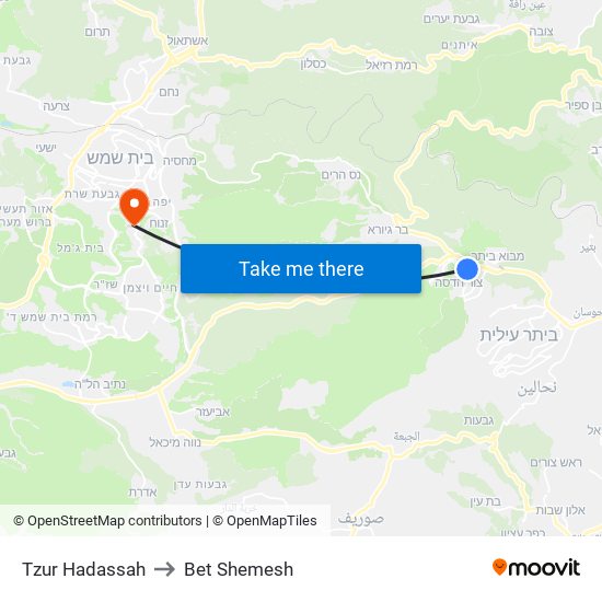 Tzur Hadassah to Bet Shemesh map