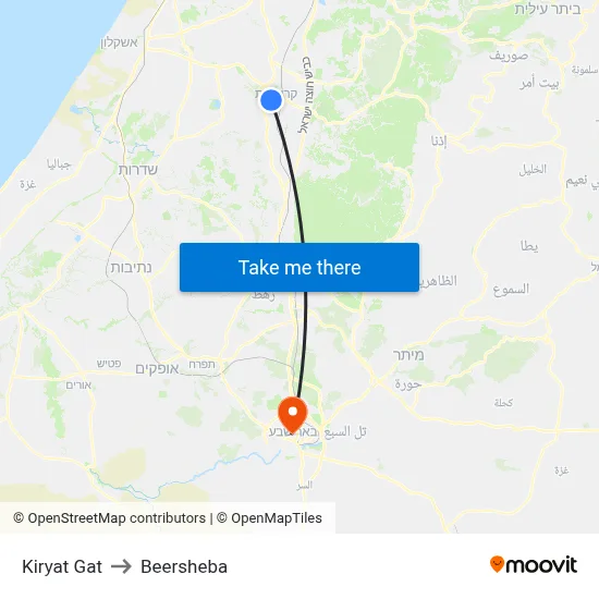 Kiryat Gat to Beersheba map