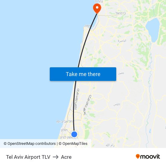 Tel Aviv Airport TLV to Acre map