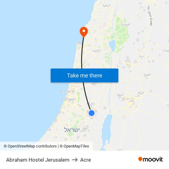 Abraham Hostel Jerusalem to Acre map