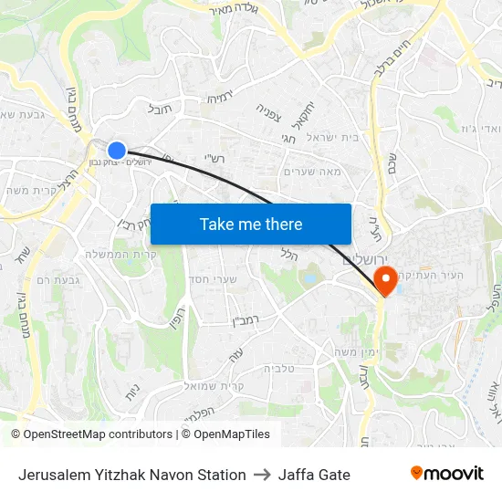 Jerusalem Yitzhak Navon Station to Jaffa Gate map