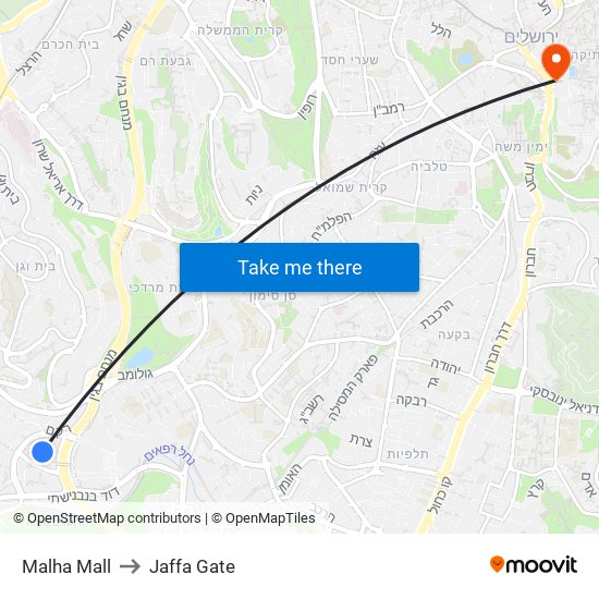 Malha Mall to Jaffa Gate map