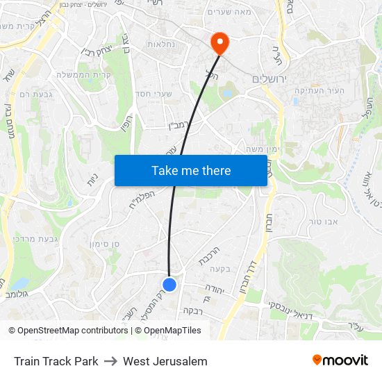 Train Track Park to West Jerusalem map