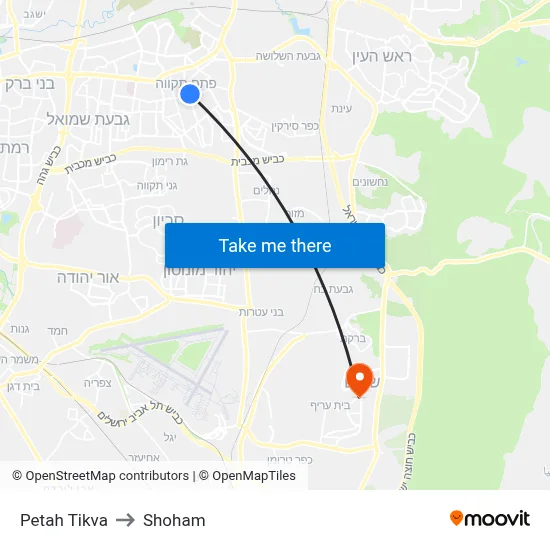 Petah Tikva to Shoham map