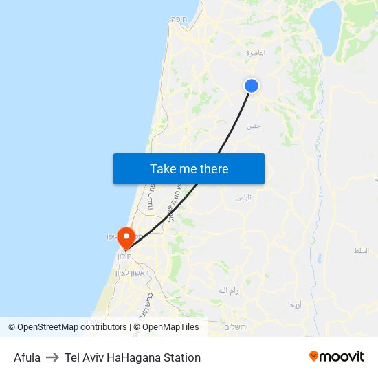 Afula to Tel Aviv HaHagana Station map