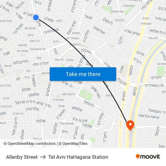 Allenby Street to Tel Aviv HaHagana Station map