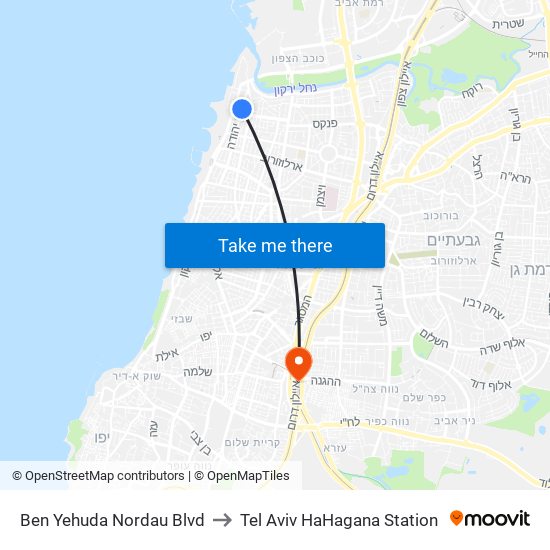 Ben Yehuda Nordau Blvd to Tel Aviv HaHagana Station map