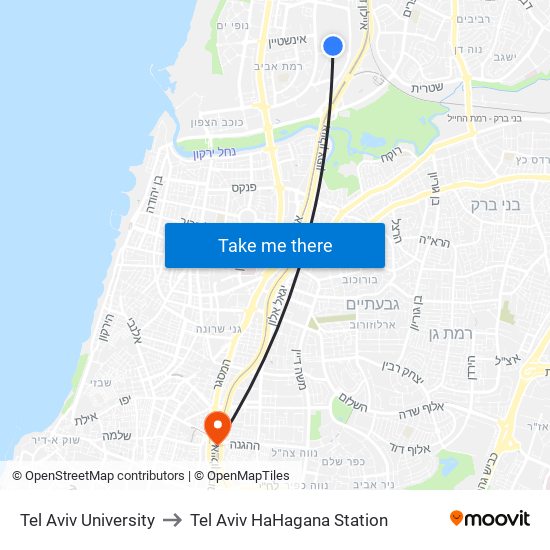 Tel Aviv University to Tel Aviv HaHagana Station map