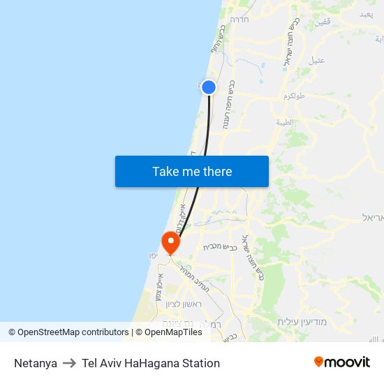 Netanya to Tel Aviv HaHagana Station map
