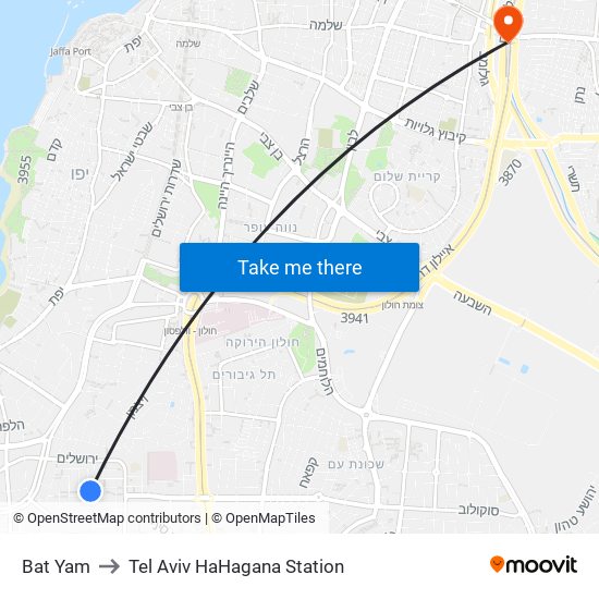 Bat Yam to Tel Aviv HaHagana Station map