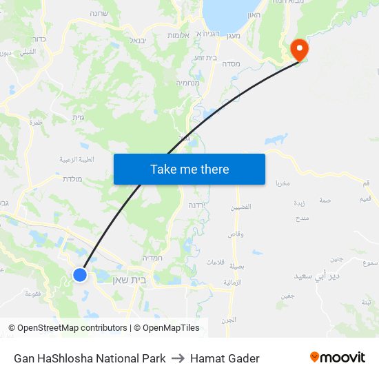 Gan HaShlosha National Park to Hamat Gader map