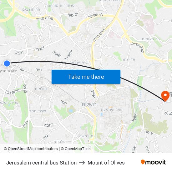 Jerusalem central bus Station to Mount of Olives map